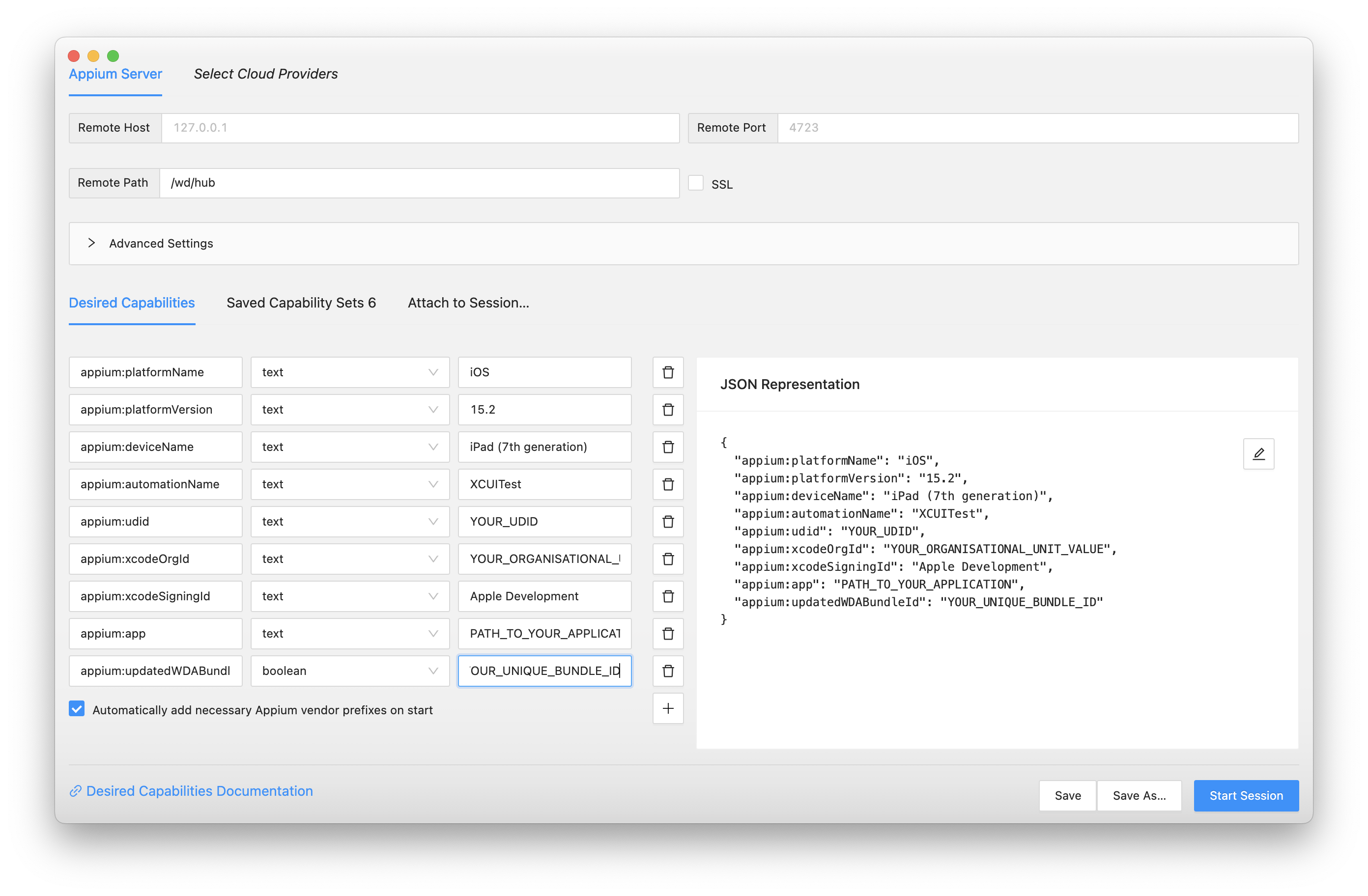 appium inspector capabilities ios