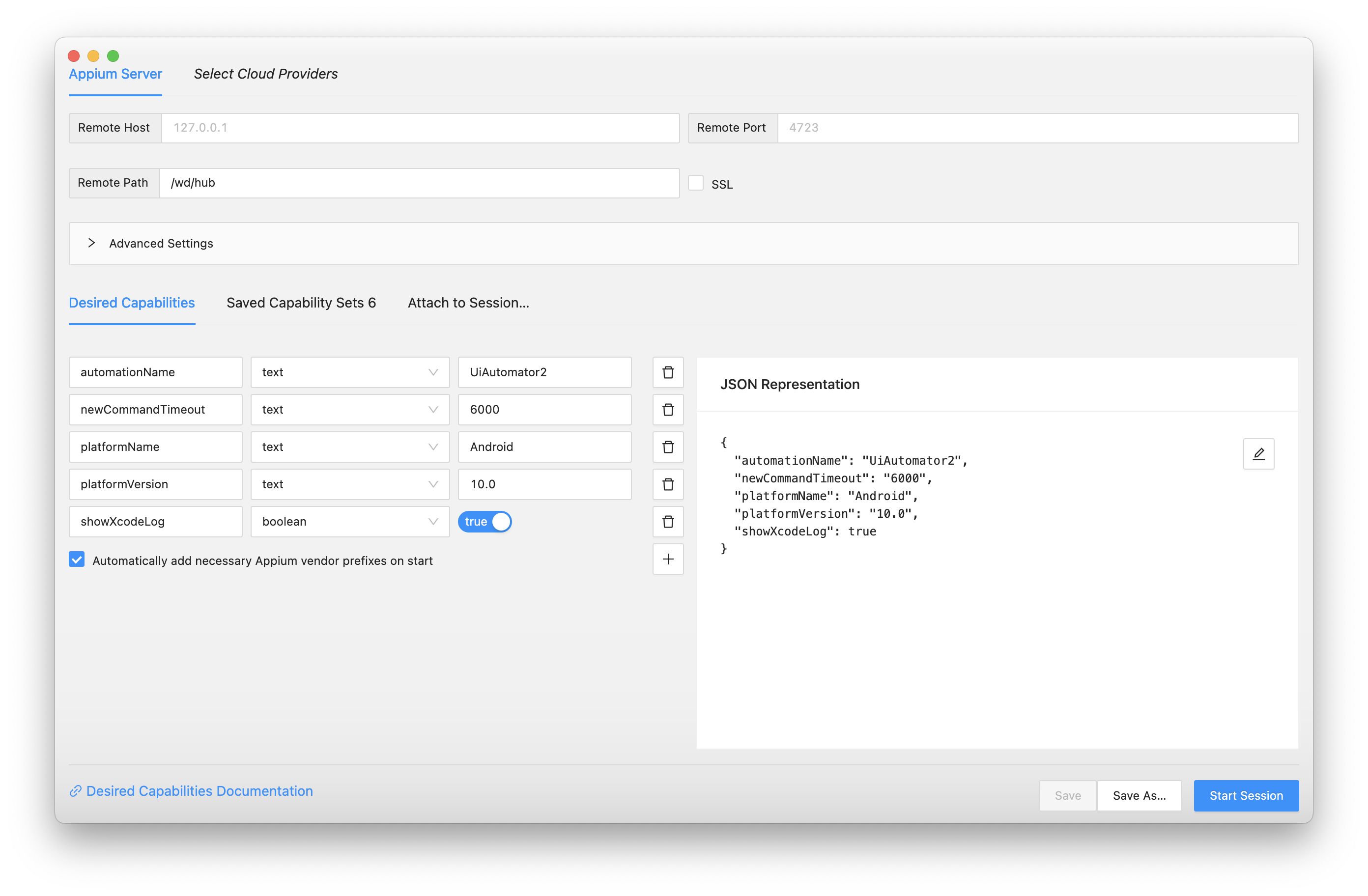 appium inspector capabilities android